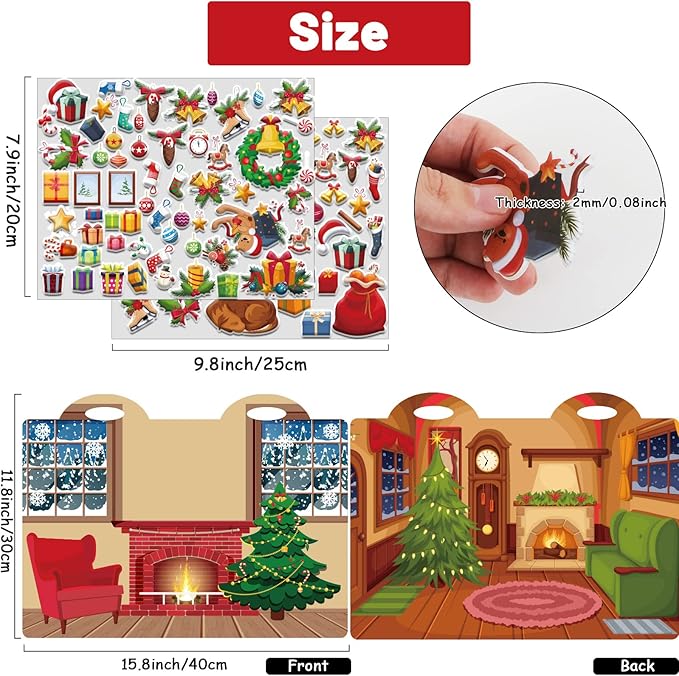 Christmas 3D Puffy Sticker Play Set Xmas Activity Book for Kids Toddlers 2-4 Toys Sticker Merry Christmas Holiday Party Supplies 100 Reusable Puffy Window Decals 2 Fold-Out Fireplace Scenes