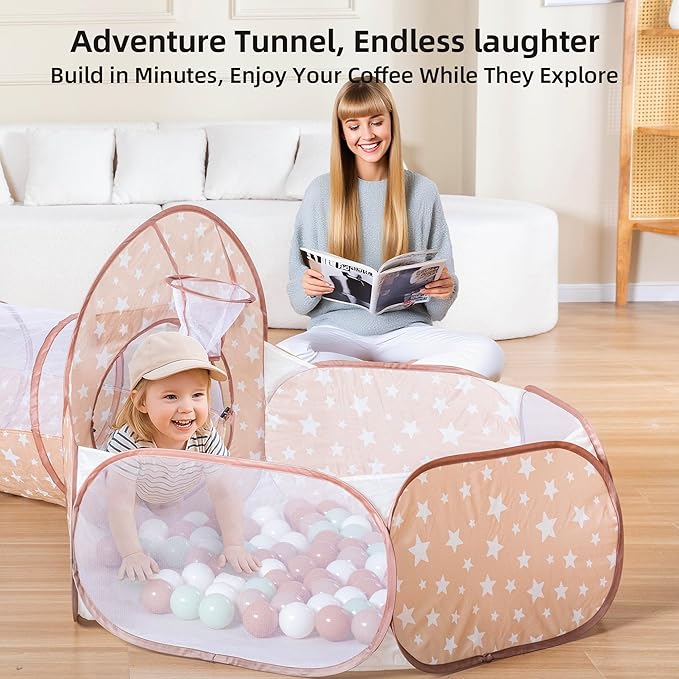 3-in-1 Kids Play Tent with Tunnel & Ball Pit for Toddlers 1-3, Indoor Outdoor Playhouse, Easy Pop Up, Portable Play Tents for Toddlers