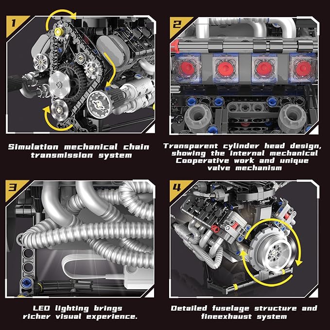 SVJ Sports Car Engine Building Blocks Kit,V8 Engine Model That Work Toy,with Motor, LED Light & APP Control for 6+ Years Kids Adults (715 Pieces)
