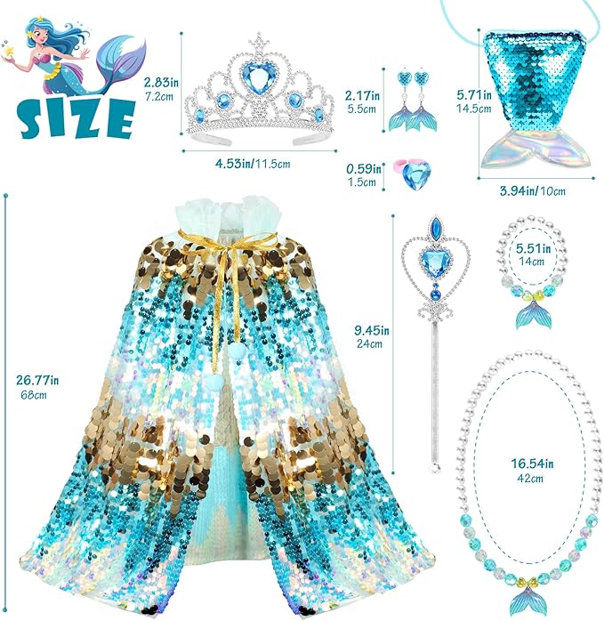 Princess Dress Up Toys Mermaid Dress Up Cape Kit 9 Pcs Gift Set for Little Girls 3-8 Years Old