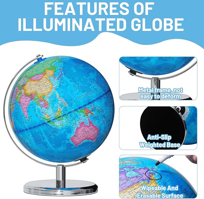 9" Illuminated Globes, 88 Constellations Map & Built-in LED Light & Learning 3-in-1, USB Charging, None-Slip Stainless Steel Stand for Classroom Education & Bedroom Decor, Inspire Geography Interest