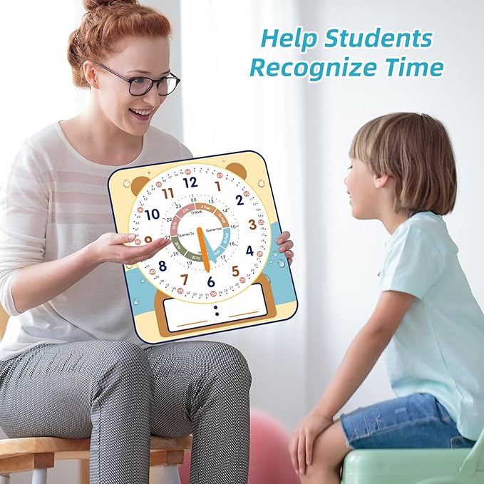 Large 12" Magnetic Writable Dry Erase Teaching Clock with Cute Style, Teaching Demonstration Clock for Kids Learning Practice Time for Home School Classroom Supplies (12" x11"-Beige)