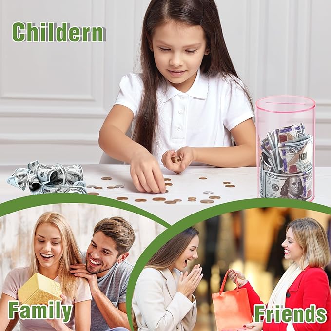 Clear Piggy Bank for Adults/Kids, Acrylic Unopenable Money Box for Cash Coin Saving, Must Break to Open, Money Saving Jar for Adults Boys Girls, Size 8" H x 5" Diameter(Pink)
