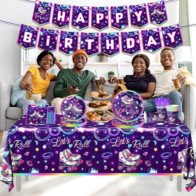 Roller Skating Party Supplies,142Pcs Roller Skating Party Decorations Tableware Set Include Plates Napkins Cups Banner Tablecloth for Let's Roll Birthday Birthday Party Decorations, Serve 20