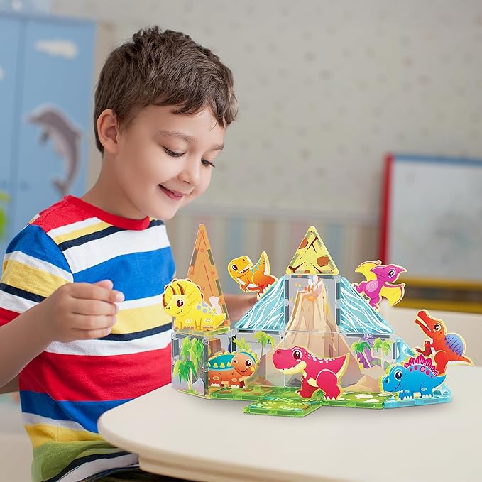 PicassoTiles Magnet Tile Building Blocks Dinosaur World Themed Playset with 8 Animal Character Action Figures Magnetic Tiles STEM Learning Pretend Play Toy Construction Set Boys Girls Ages 3+ PTQ23