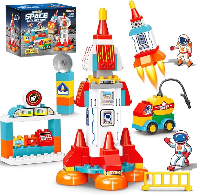 Building Blocks for Toddlers 1-3-5, 131 Pcs Space Rocket STEM DIY Big Classic Building Bricks Toys Set for Kids Ages 2-4-5-8, Compatible With All Major Brands, Spaceship Gift Toy for 3-5 Boys Girls
