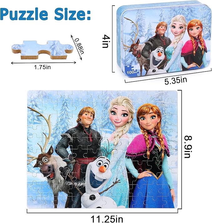 LELEMON Puzzles for Kids Ages 4-8,Snowmen 100 Piece Puzzles for Kids,Educational Kids Puzzles Jigsaw Puzzles in a Metal Box,Children 100 Piece Puzzle Games Puzzle Toys for Girls and Boys