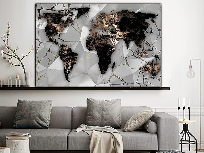 artgeist Textured Canvas Wall Art World Map 24x16 in - 1pcs Painting Canvas Prints Picture Artwork Image Framed Modern Photo Wall Home Marable Black k-C-10012-b-a