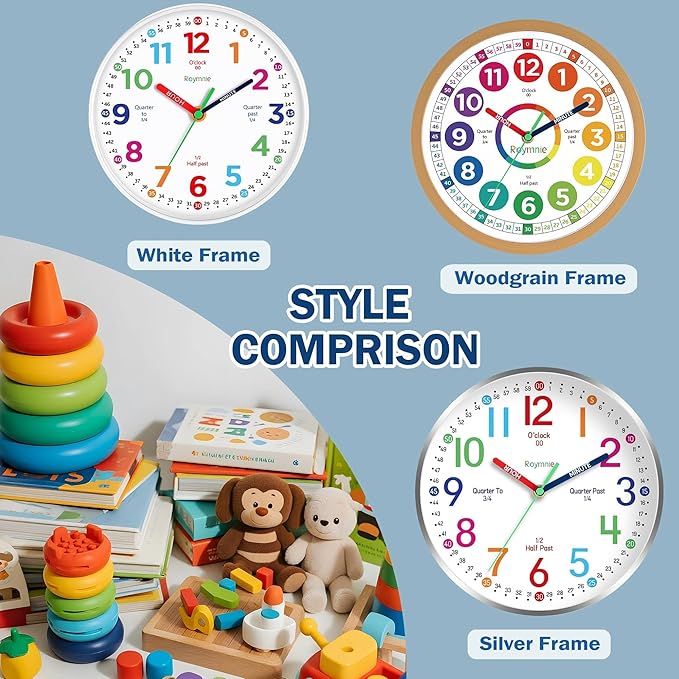 Wall Clock for Kids Learning to Tell Time Analog Non Ticking Battery Operated Kids Small Teaching Clock Silent Colorful Teaching Time Clock for Kids Room Classroom School（8 Inch）