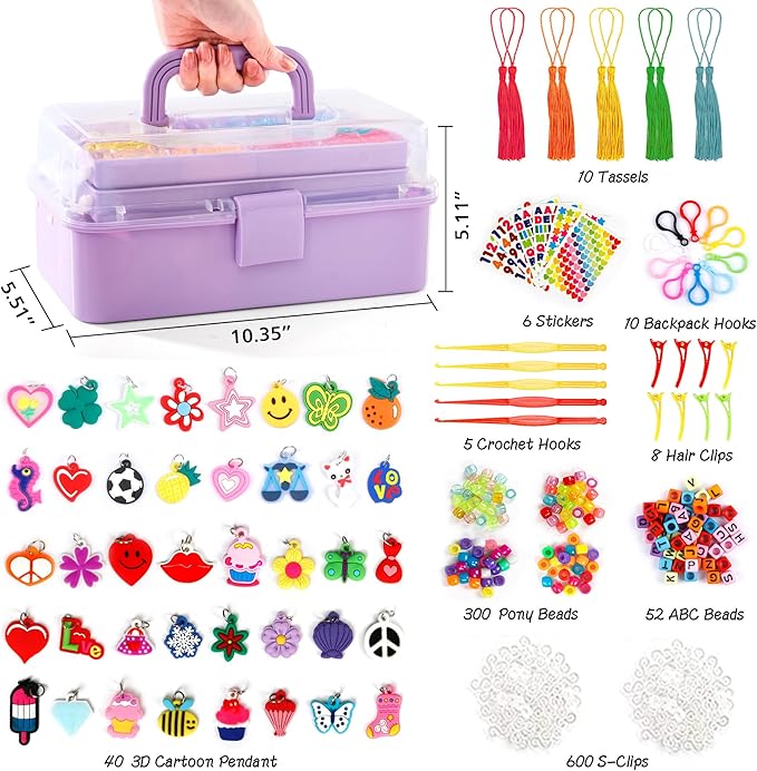 INSCRAFT 17500+ Rubber Loom Bands with 3 Layer Light Purple Container, 28 Colors, 600 S-Clips, 352 Beads, 40 Cartoon Pendant, Bracelet Making Refill Kit for Kids