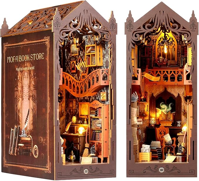 DIY Book Nook Kit, Miniature Dollhouse Bookshelf Insert with LED Light, 3D Wooden Puzzle Bookend Insert, Perfect for Teens and Adults, Magic Book