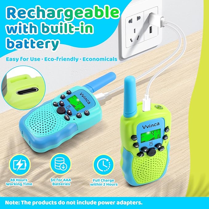 Vvinca Rechargeable Walkie Talkies for Kids 2 Pack, 5-7 Year Old Boy Toys Long Range 22 Channels 2 Way Kids Walkie Talkie with Flashlight for Camping Hiking Indoor Outdoor 3 4 5 6-12 Girl Boy Gift