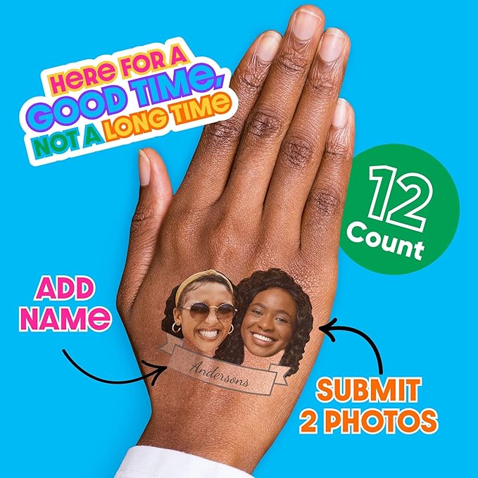 Big Dot of Happiness 2 Fun Face and Text Temporary Tattoos - Wedding Party Favors - Bachelorette Party Ideas - Custom Photo and Name Temporary Tattoos - Set of 12