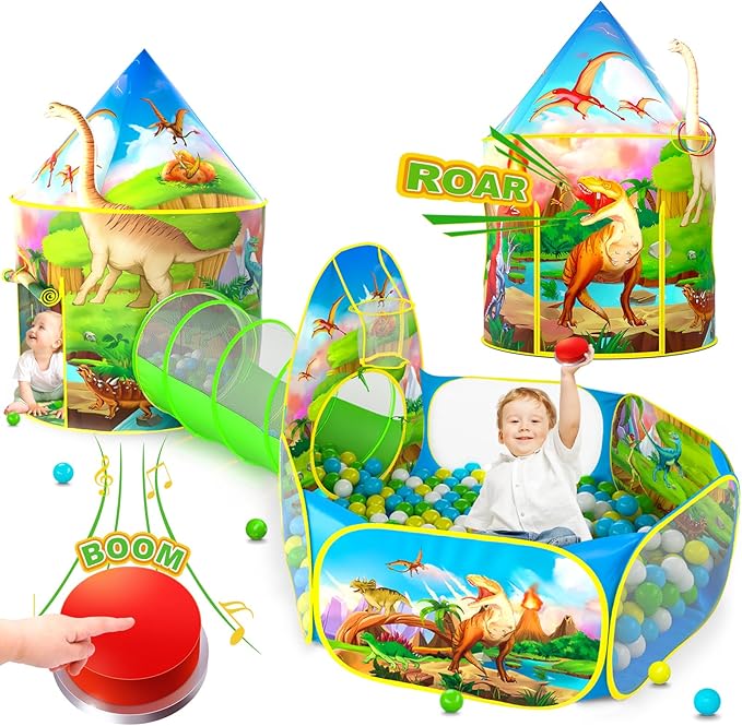 PigPigPen 3pc Dinosaur Play Tent for Kids with Big Roar Button, Baby Ball Pit, Crawl Tunnel, Castle Tents for Toddlers, Children Indoor & Outdoor Playhouse Toys, Perfect Kid’s Gifts