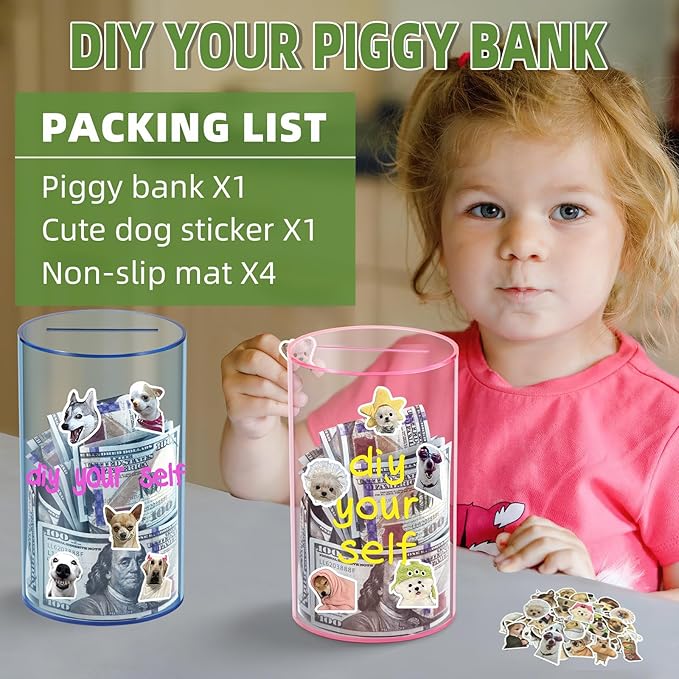 Clear Piggy Bank for Adults/Kids, Acrylic Unopenable Money Box for Cash Coin Saving, Must Break to Open, Money Saving Jar for Adults Boys Girls, Size 8" H x 5" Diameter(Pink)