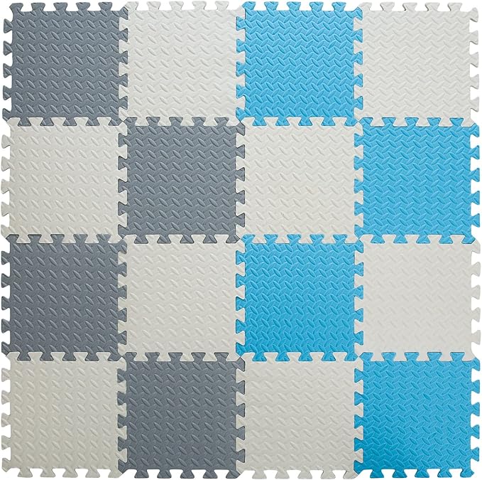 Foam Floor Mats for Kids, 12 x 12 Inch 16 Tiles 0.4" thickness Foam Play Mat, Non-Toxic Square Interlocking Floor Mats Rubber Baby Play Mat for Toddlers(White/Gray/Light Blue)