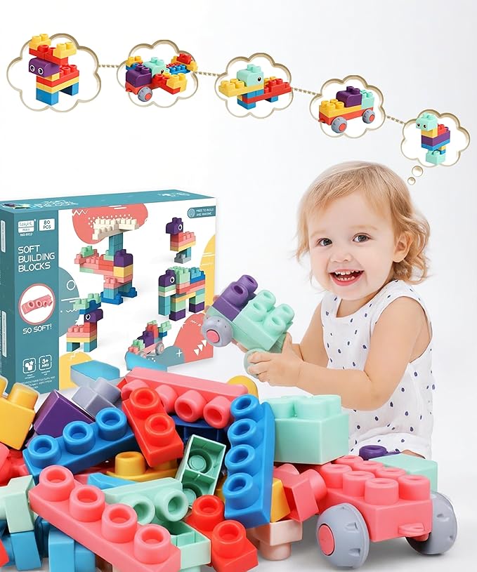 80PCS Soft Building Blocks for Toddlers 1-3， Baby Stacking Toys for Early Learning & Development ， BPA-Free Silicone Blocks for Kids，Safe, Fun, and Educational Baby Toy，Large Soft Blocks