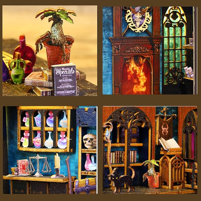 ISSEVE DIY Book Nook Miniature Kits for Adults, 3D Wooden Puzzle Dollhouse Miniature House Kit for Booknook Shelf Insert Decor, Creative Assembled Bookends Bookshelf with Sensor Light (Magic Market)