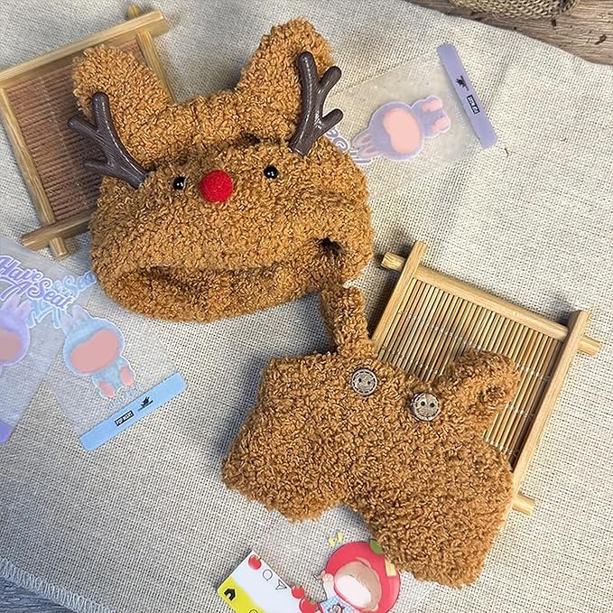 17CM Doll Clothes Set Deer Hood + Brown Overalls, Fashion Cute Dress-Up Clothes for Doll Accessories Outfit(No Doll Included)(LBB Clothes 13)