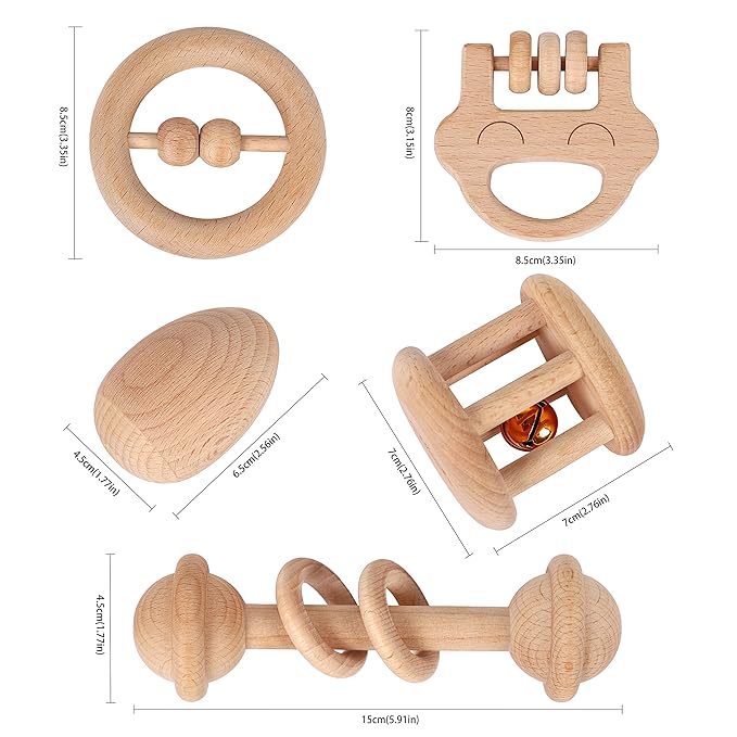 TOWO Wooden Rattles Maracas Baby Toys 6 Months-Organic Eco Toys for Infant Grasping Teething Natural Tether Musical Instrument Shaker Sensory Brain Development Newborn Birth Gift for Boys Girls