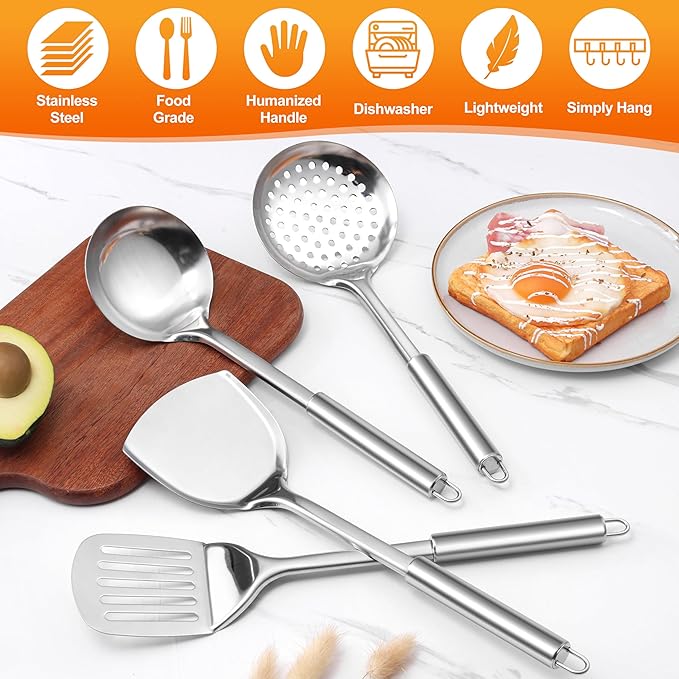 E-far Stainless Steel Cooking Utensils, 4-Piece Heat Resistant Kitchen Utensils Set, Non-toxic Metal Kitchen Tools Spatulas Set Including Soup Ladle, Slotted/Solid Turner, Skimmer, Dishwasher Safe