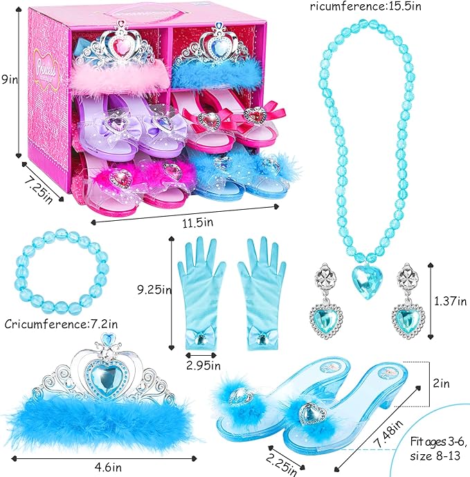Girls Princess Dress Up Shoes and Jewelry Boutique DISHIO Upgraded Princess Shoes and Accessories with 4 Pair of Princess Play Shoes and Jewelry Set for Toddlers Little Girls Aged 3 4 5 6