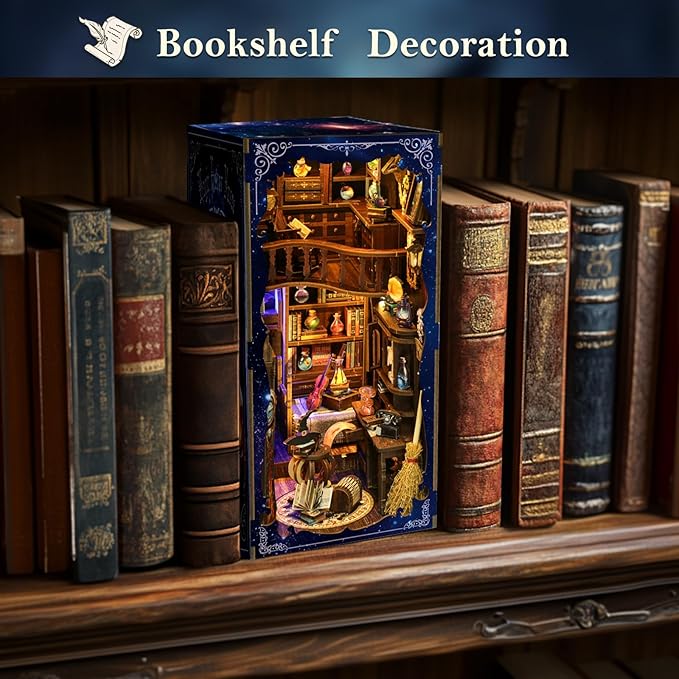 DIY Book Nook Kit Wooden Miniature Magic Potion House Kit 3D Wooden Bookends Miniature House Book Nook Kit for Adults Bookshelf Insert Decor with LED Lights Wood Crafts