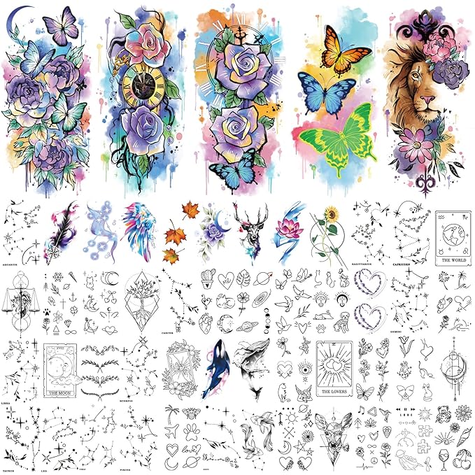 77 Sheets Nature Animal Temporary Tattoo for Women Men, 17 Sheets Half Arm Large Lion Flower Owl Fake Tattoos, 60 Sheets Butterfly Clock Black Tiny for Adult Kids Body Tattoos Stickers Realistic