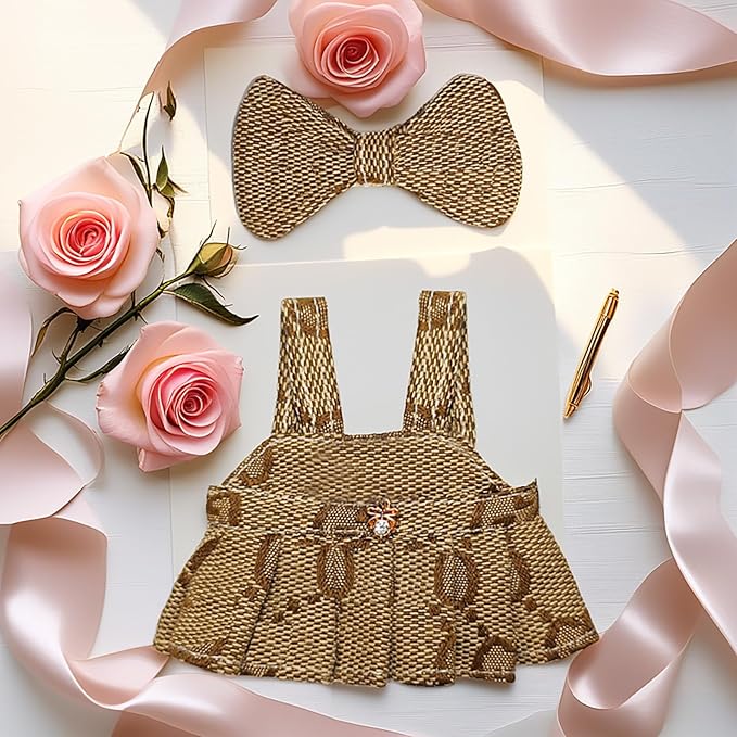 17cm Doll Clothes - Princess Dress with Velvet Hair Bow, Party Outfits for Plush/Blind Box, Luxury Chic Style Set, High-End Fashion Accessories (Brown Dress)