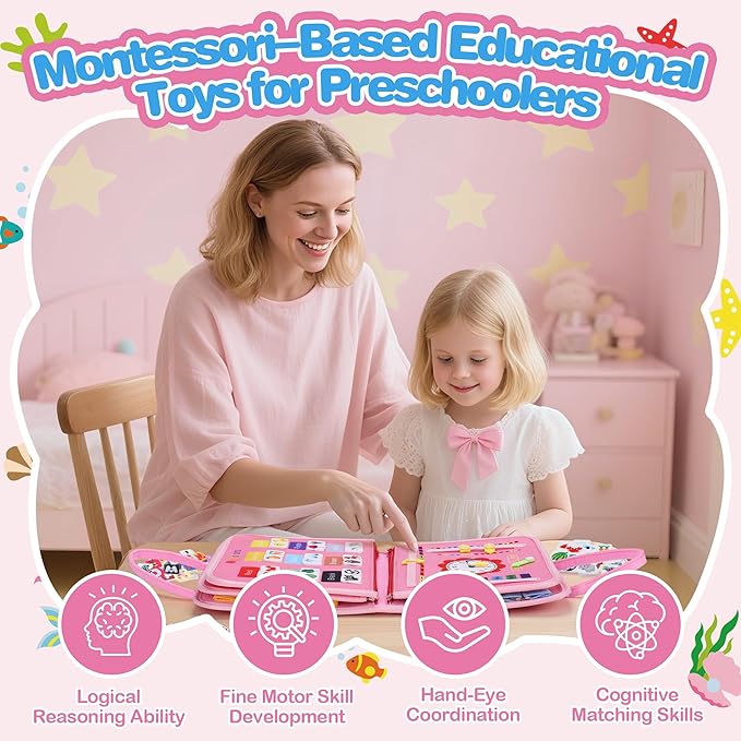 Busy Book Toddler, Montessori Busy Board, Activity Sensory Toys 2025 for Toddler Girls Christmas Birthday Gift, Educational Learning Quiet Book for Kids, Travel Toy for Airplane Car