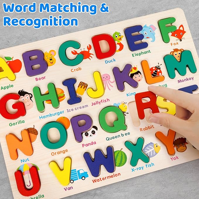 Alphabet Puzzle Wooden Puzzles for Toddlers 3 4 5 Year Old, ABC Shape Learning Toddler Toys with Board & Letter Blocks, Preschool Educational Toys for Girls Boys, Pattern Alphabet