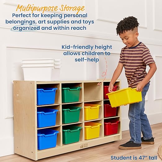 ECR4Kids 12 Cubby Mobile Tray Cabinet with 15 Scoop Front Storage Bins, 3x4, Natural, Classroom Furniture, Assorted