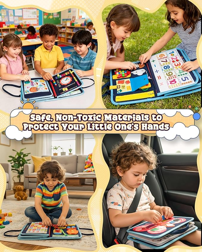 Montessori Busy Board for Toddlers Ages 1-4, Busy Book with 8 Pages Educational Sensory Activities, Learning Toy for Fine Motor Skills, Travel Toy for Airplane or Car, Birthday Gift for Boys & Girls