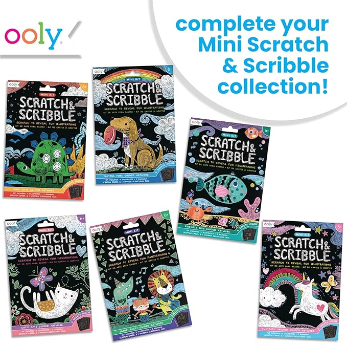 Ooly Mini Scratch & Scribble Art Kit - 6 Card Rainbow Scratch Art Set Gifts for Kids, Travel-Friendly Craft Kit, Scratching Tool Included - Safari Party