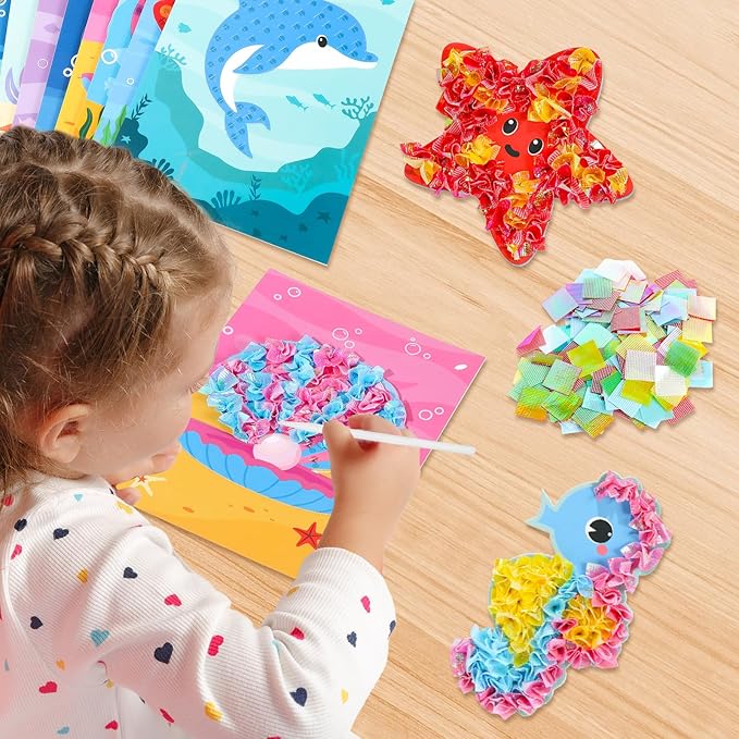8PCS Poke-in Craft and Art Kit for Kids Mermaid Theme No-Mess Fabric Sewing Art for Girls Boys 4-12 Puzzle Puncture Painting DIY Ocean Sea Animals Toy Gifts for Activity Game Birthday Party
