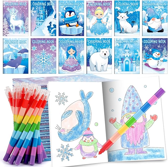 BenLouis 12 Frozen Mini Coloring Books Kids with 12 Stacking Crayons Winter Snowflake Themed Party Favors Small Activity Books Bulk for Kids Frozen Christmas Classroom Party Gift Goodie Bag Stuffers