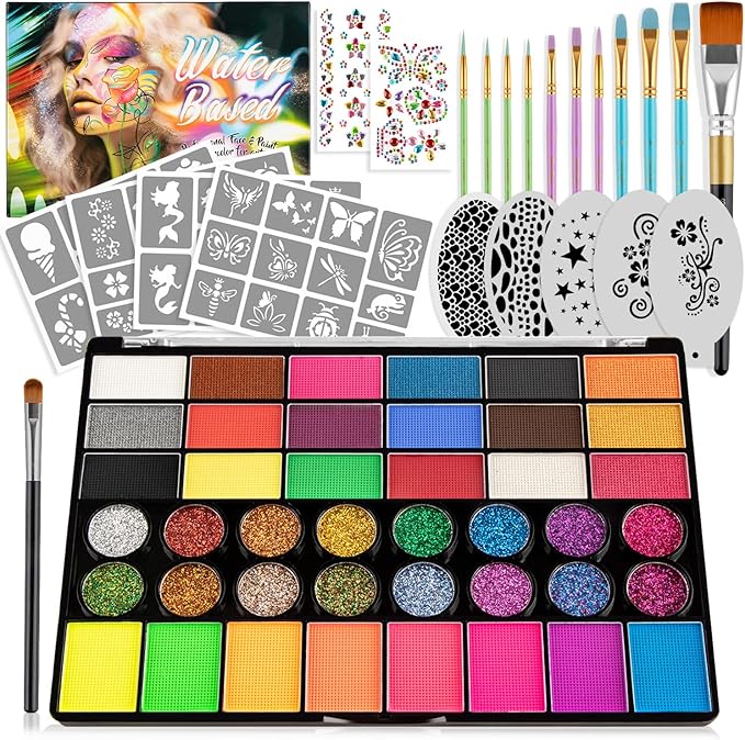 42 Colors Kids Face Painting Kit,Non Toxic Water Activated Face Paint Palette with 5 Reusable & 45 Sticky Stencils,11 Brushes,2 Gems.Ideal for Mardi Gras,Halloween,Christmas,makeup,Parties,Makeup etc.