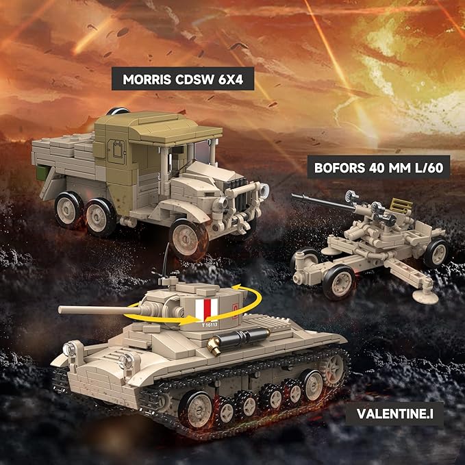 5 in 1WW2 Army Tank Toys Building Set Compatible with Lego British Military Vehicles(1260 Pcs),Create UK Ordnance QF 2-Pounder&Morris CDSW 6X4,Valentine.I Transport Vehicles Military Toy Gift for Boy