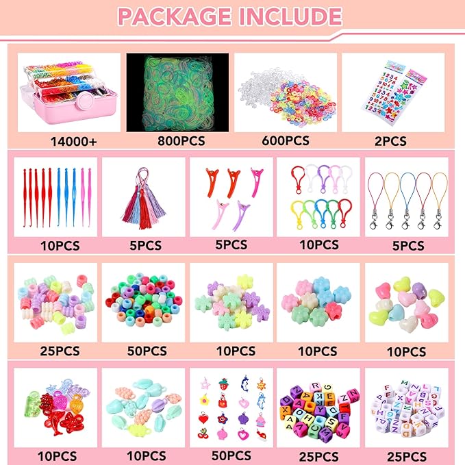SUMAJU 18500+ Bracelet Making Kit Rubber Band, 26 Colors Rubberband Bracelet Kit with 3 Layer Container Includes Glow-in-The-Dark Rubber Bands, Bracelet Making Refill Kit Birthday Gift for Kids(Pink)