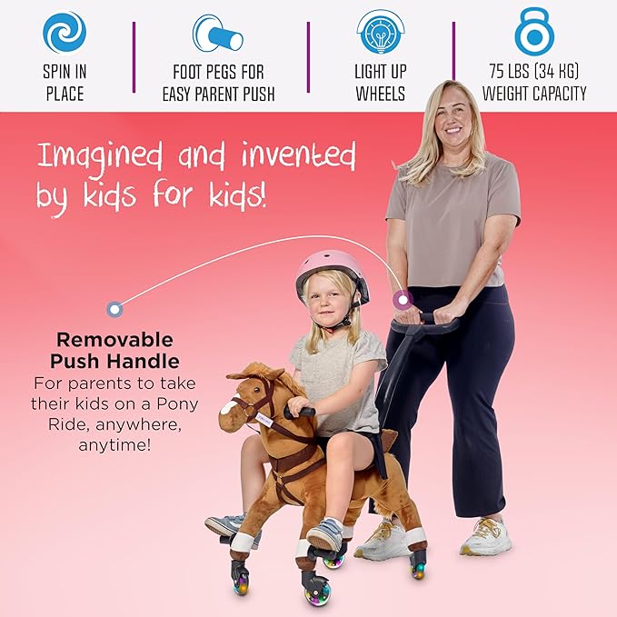 Power Pony Ride On Toy for 2+ Kids - Power Ponies Push Pull Kids Ride On Horse for Toddlers with A Removable Parent-Controlled Push Handle for Easy Rides, Brown, Champ