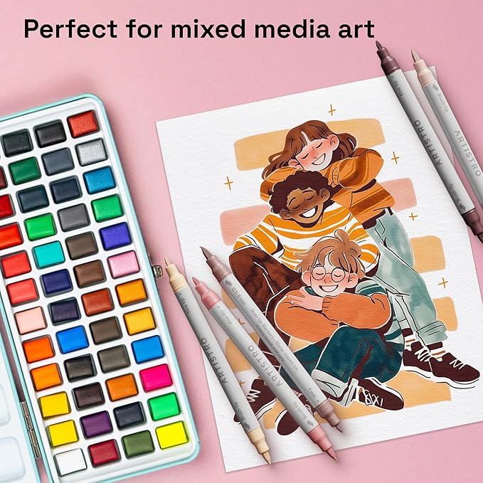 ARTISTRO 24 Skin Tone Dual Tip Brush + Fine Acrylic Paint Pens Ideal for Calligraphy - Paint Markers for Fabric, Rock, Glass, DIY - Stocking Stuffers, Christmas Gift Idea for Teens, Grandkids, Kids
