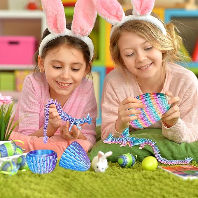 3D Printed Dragon Eggs with Articulated Fly Dragon Inside, Collectible Figurines Fidget Toy for Adults Kids Birthday Easter Christmas White Elephant Gifts for Friends Colleagues(Blue Pink, M size)