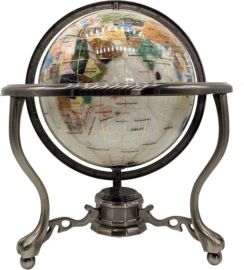 Limited Edition! Unique Art Since 1996 Pearl Swirl Table Top Gemstone World Globe with Tripod Silver Zinc Alloy Stand (220MM/9 INCHES/Pearl Ocean/Silver)