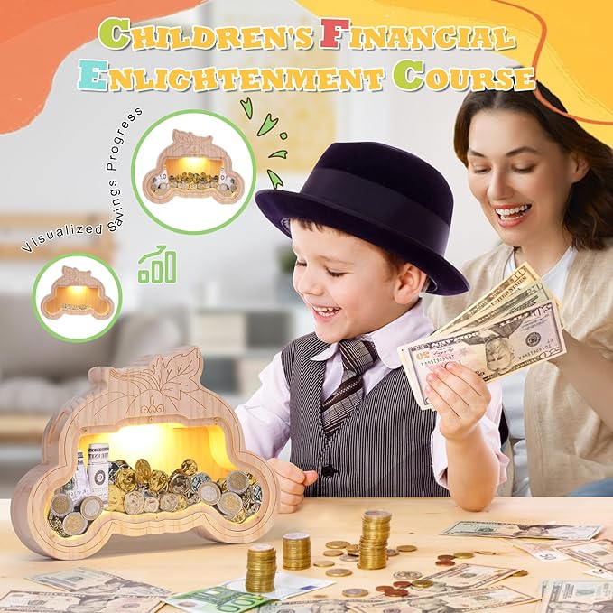 Wooden Piggy Bank for Kid, DIY Night Light Personalized Money Bank for Boy, Girls, Unbreakable Saving Box with Paintbrush and 12 Paints, Coin Jar Gifts for Kid Birthday&Decor (Carriage)