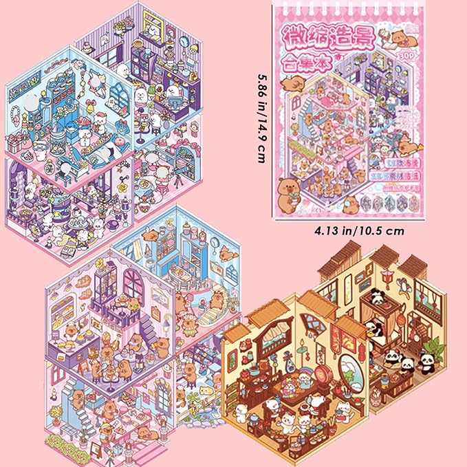 3D Sticker Scene Book,Sticker Therapy for Adults,Include 10 Beautiful House Isometric 3D Space DIY Scene Stickers Book,Cute Art Stickers for Girls