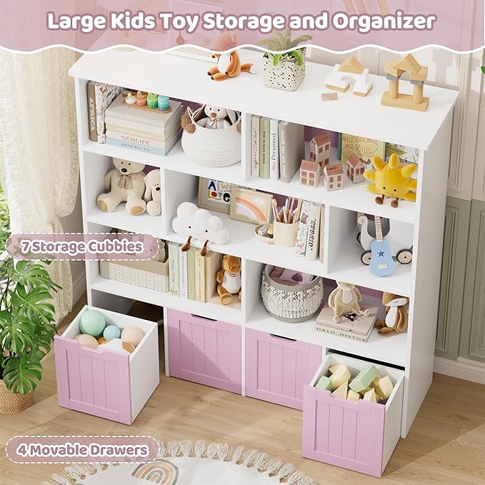 FINETONES Toy Storage Organizer, Kids Bookshelf with 4 Movable Chests and 7 Storage Cubes, Toy Chest Storage with Hidden Wheels, Toy Organizers and Toy Storage, Pink