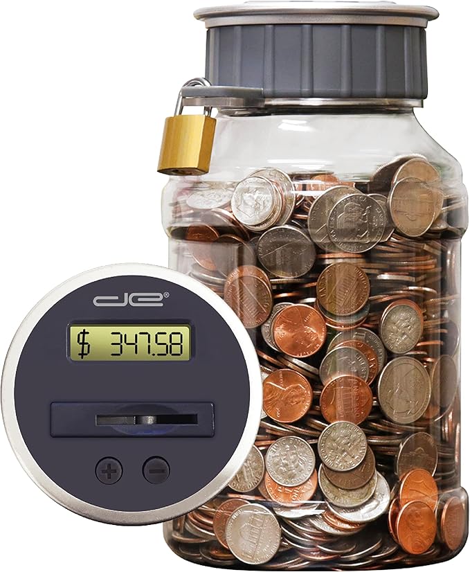 Locking Digital Coin Bank Savings Jar - Pennies Nickles Dimes Quarter Half Dollar Change Counter | Clear Jar with LCD Display
