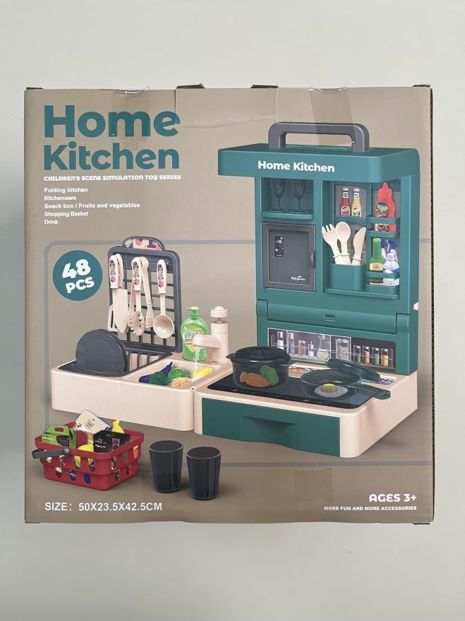 Pretend Play Kitchen Toy Set Folding Role Play Toy with 45pcs Realistic Food Fruits Vegetables Pans Cooking Utensils Basket Sink etc Portable Educational Indoor Outdoor Toys for Kids Ages 3