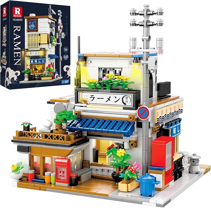 Reobrix Japanese Ramen Shop Building Blocks 66501, 2 in 1 Creative Street View House Building Kit with Light, Japanese Architecture Home Office Decor, Ideal Gifts for Boys Girls Adults 14+