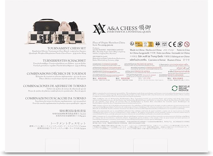 A&A Tournament Chess Set/ 20''x20'' Foldable Silicone Chess Board / 3.75'' King Height Plastic Quadruple Weighted Classic Staunton Pieces/Storage Bag for 6 Years Old - 2 Players
